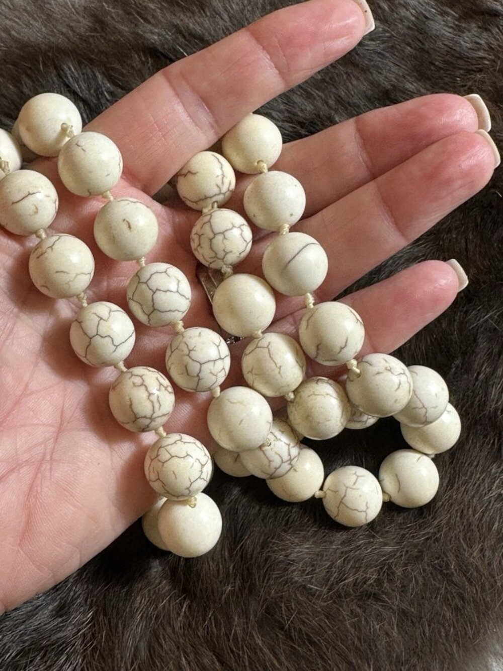 Vintage White Howlite Bead Necklace 31 in Continuous Hand Knotted 12mm